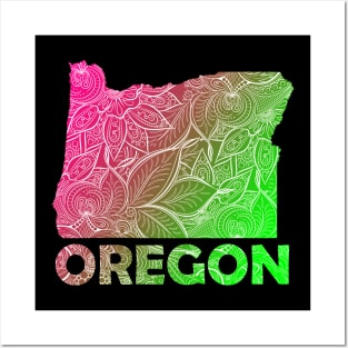 Colorful mandala art map of Oregon with text in pink and green Posters and Art